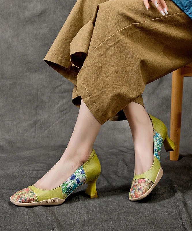 Retro Green Cowhide Leather Embossed Splicing Heels Shoes---Comfortable Leather Pumps for Office and Everyday Wear