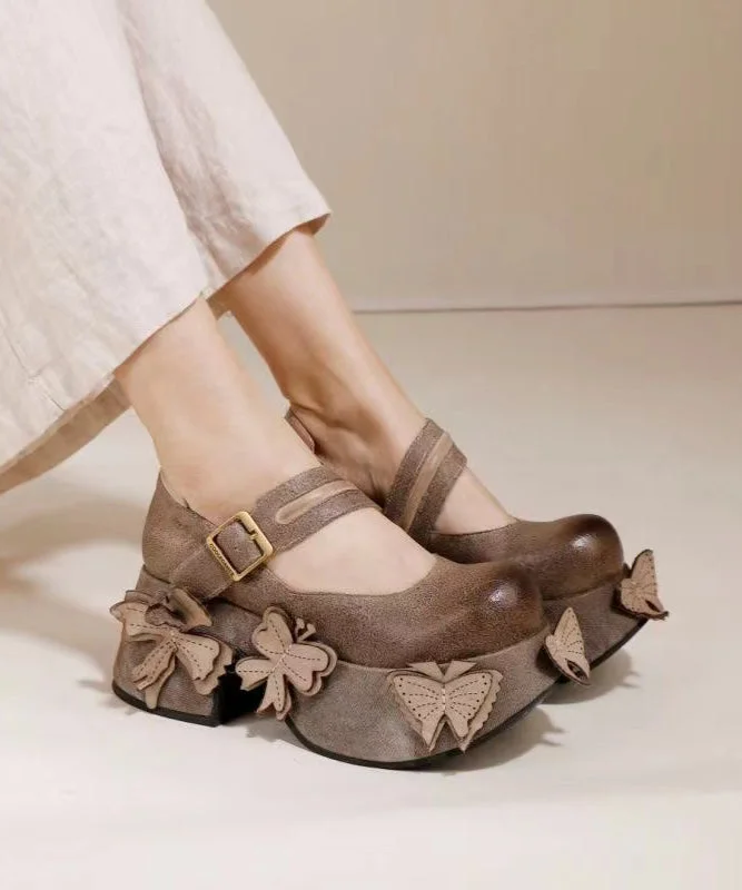 Stylish Platform Heels for Extra Height--Retro Grey Butterfly Splicing Buckle Strap Platform Heels