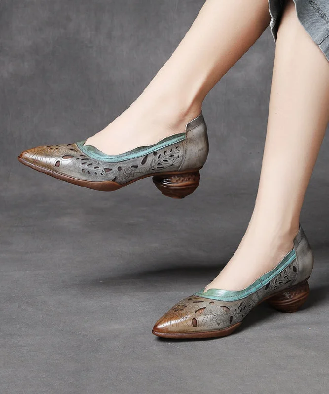 Versatile Dress Heels for Formal and Casual Wear---Retro Grey Splicing Hollow Out High Heels