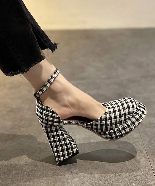 Retro Plaid Faux Leather Comfortable Splicing Chunky High Heels---Comfortable Leather Pumps for Office and Everyday Wear