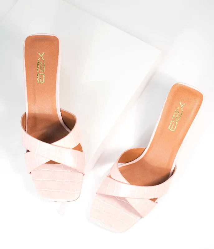 Versatile Heeled Sandals for Any Occasion---Retro Style Light Pink Embossed Crocodile Heels