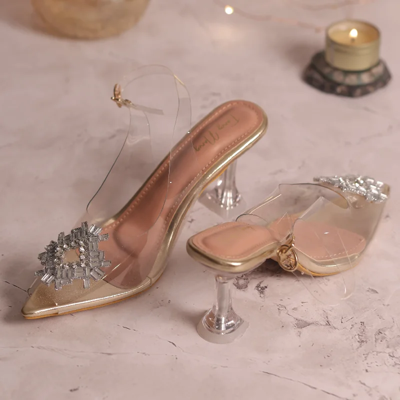 Affordable Rhinestone Pumps for a Dazzling Look---Rhinestone Diamond Broach Heels - Gold