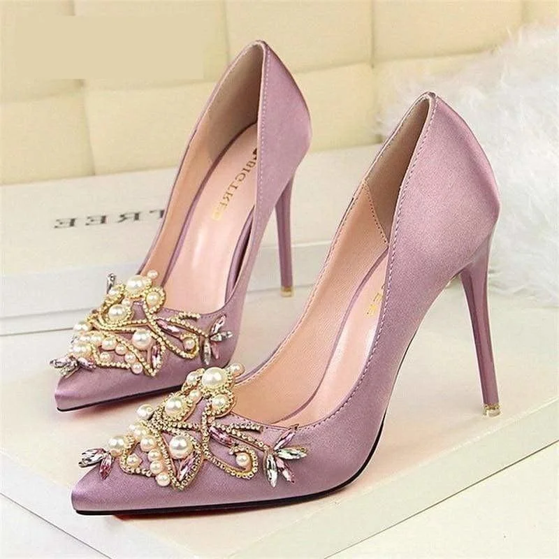 Stiletto Heel Pumps with Perfect Fit--Rhinestone High Heels Pointed Toe Crystal Pearl Party ShoesPumps-Fashionable & Classic