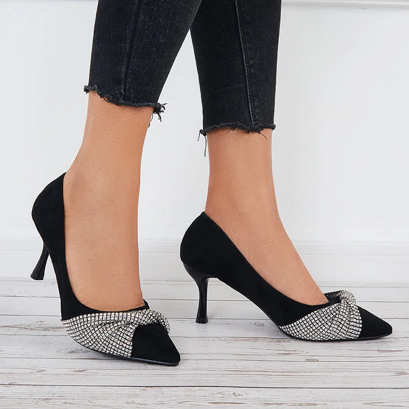 Sohiwoo  Women Rhinestone Knot Kitten Heel Pumps Closed Toe Office Work Shoes---Fashionable Kitten Heels for Date Night