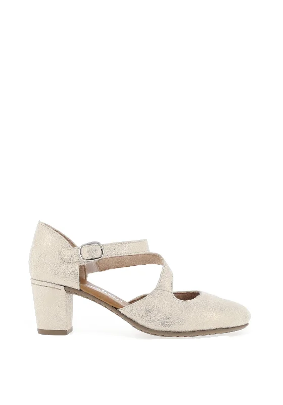 Versatile Heeled Sandals for Any Occasion---Rieker Womens Shimmering Criss Cross Heeled Shoes, Beige