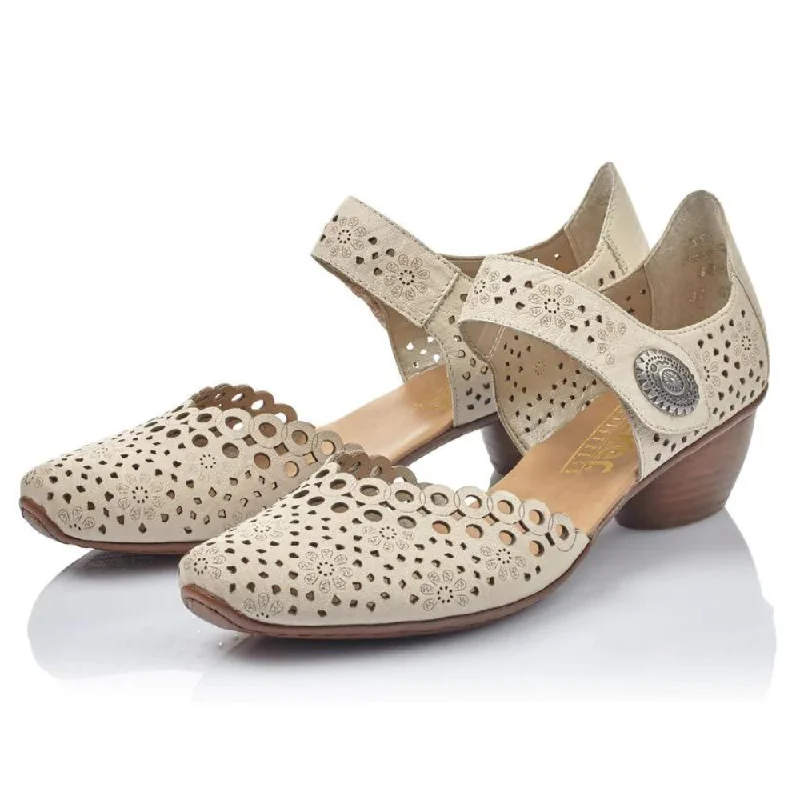 Rieker Mirjam 53 Beige Leather Heel (Women's)---Comfortable Leather Pumps for Office and Everyday Wear