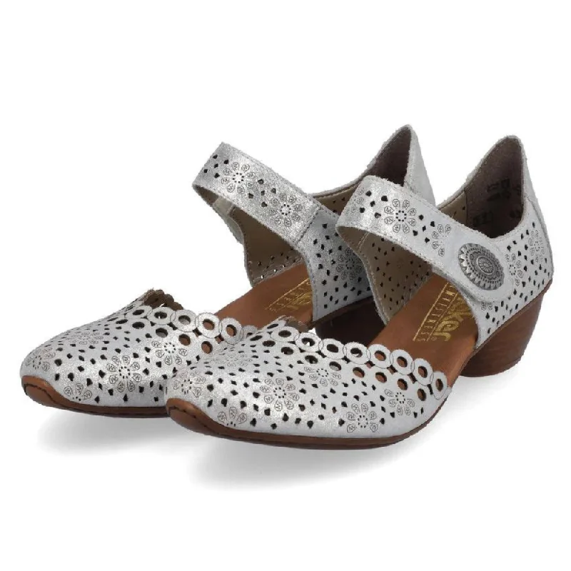 Rieker Mirjam 53 Silver Leather Heel (Women's)---Comfortable Leather Pumps for Office and Everyday Wear