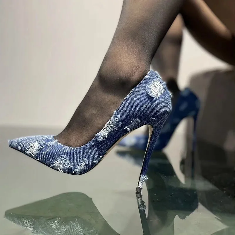 Stiletto Heel Pumps with Perfect Fit--Denim Ripped High Heels-Fashionable & Classic