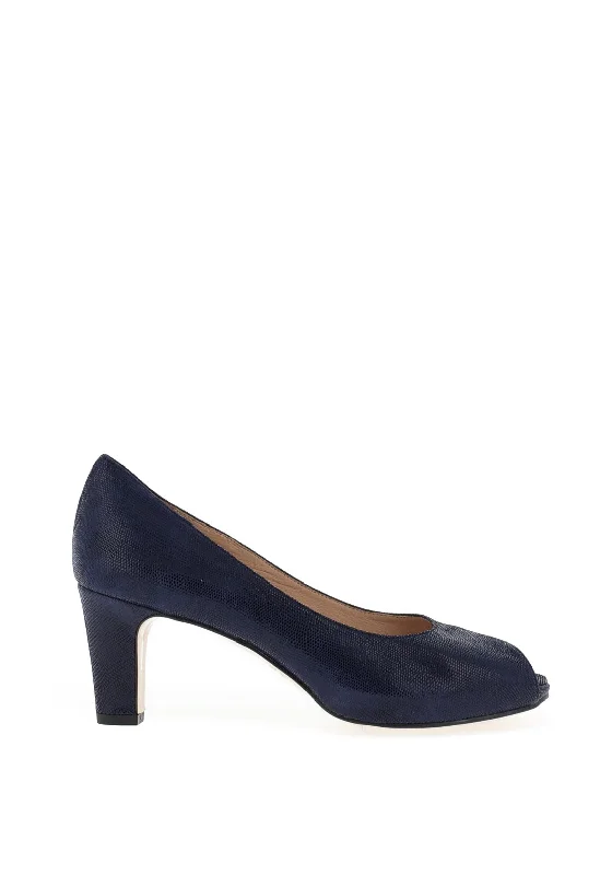 Trendy Peep Toe Platform Heels Crafted from Genuine Leather--Zany Shimmer Peep Toe Heeled Shoes, Navy