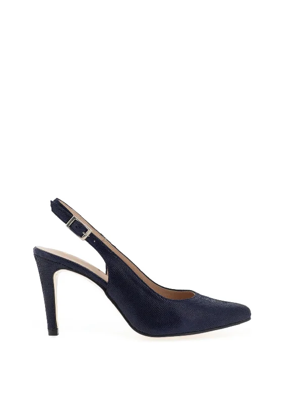 Versatile Heeled Sandals for Any Occasion---Zany Shimmer Sling Back Court Shoes, Navy