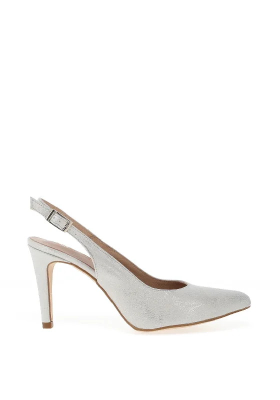 Versatile Heeled Sandals for Any Occasion---Zany Shimmer Sling Back Court Shoes, Silver