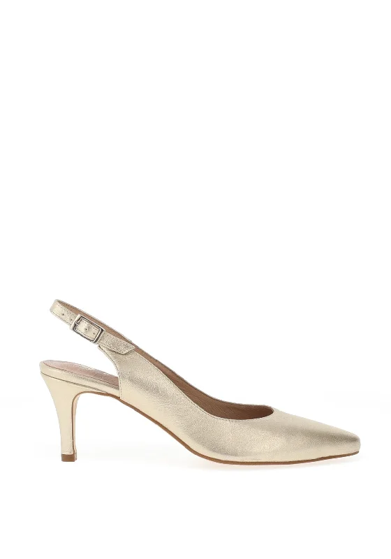 Versatile Heeled Sandals for Any Occasion---Zany Shimmer Sling Back Court Shoes, Gold