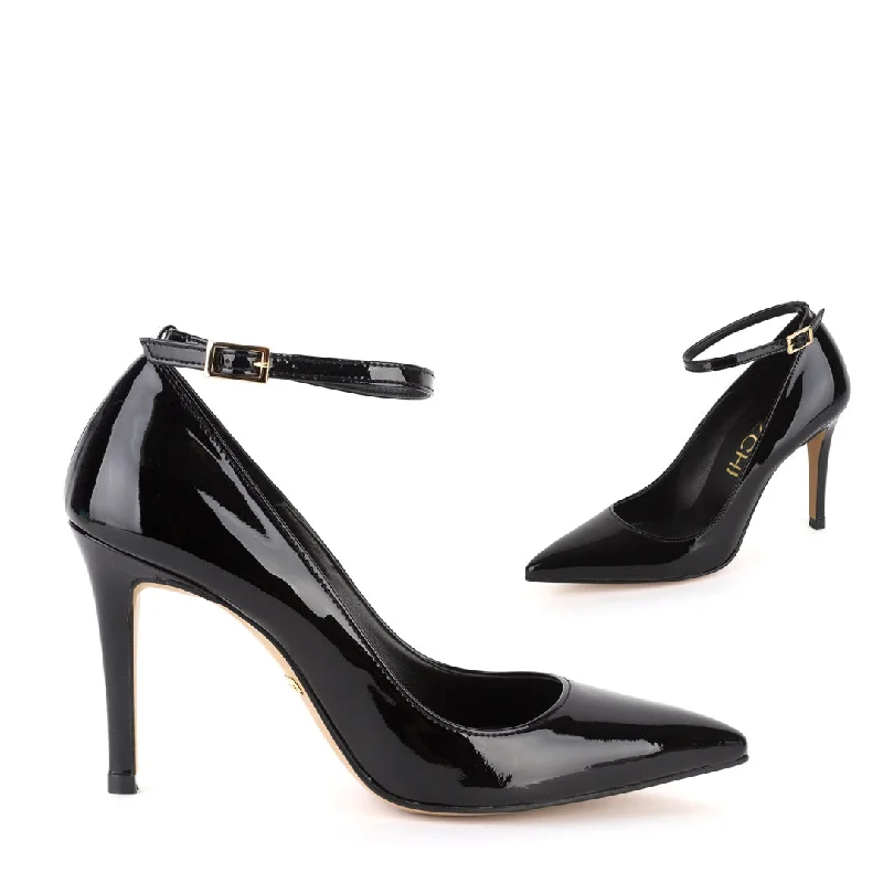 Stylish Ankle Strap Heels for Women--ROBIN BLACK PATENT- ankle strap