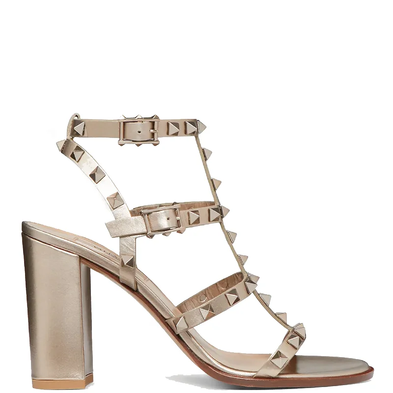 Versatile Dress Heels for Formal and Casual Wear---Rockstud Gladiator Block 90 Nappa, Metallic Skin