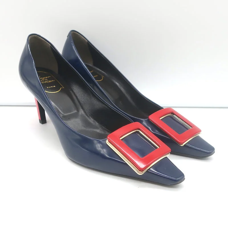 Stiletto Heel Pumps with Perfect Fit--Roger Vivier Buckle Pumps Navy & Red Leather Size 38.5 Pointed Toe Heels NEW-Fashionable & Classic