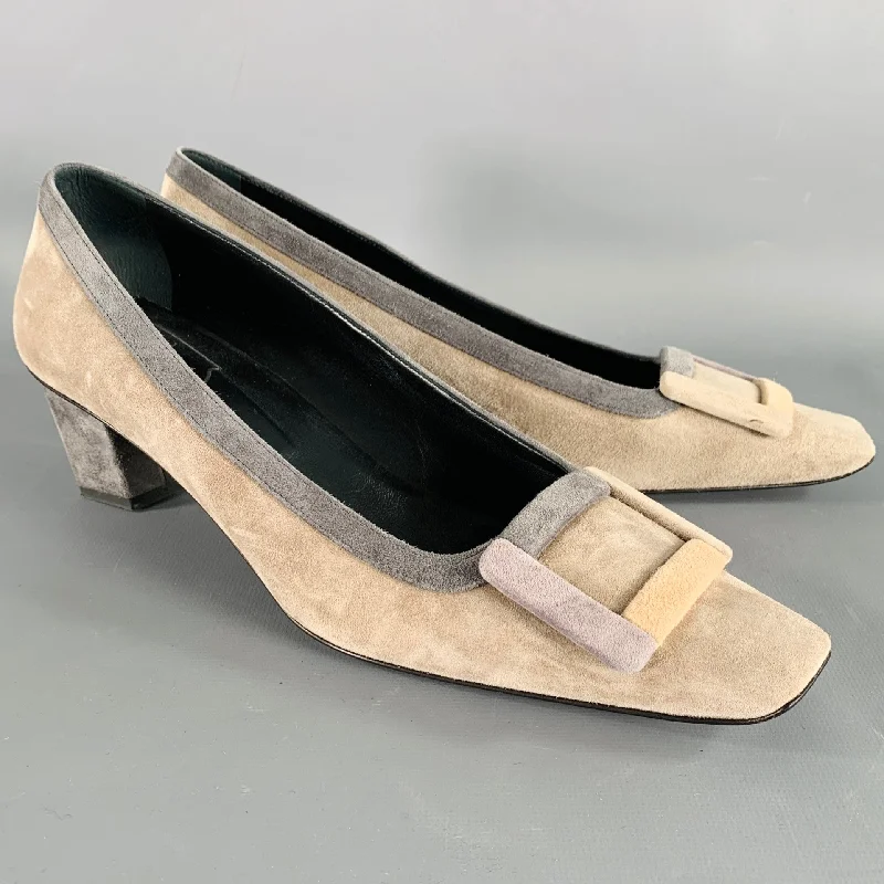 ROGER VIVIER Size 10 Grey Taupe Suede Kitten Heel Pumps---Fashionable Kitten Heels for Date Night