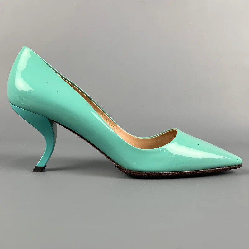 Sleek and Shiny Patent Pump Heels for a Polished Look--ROGER VIVIER Size 6 Mint Patent Leather Curved Heel Pumps