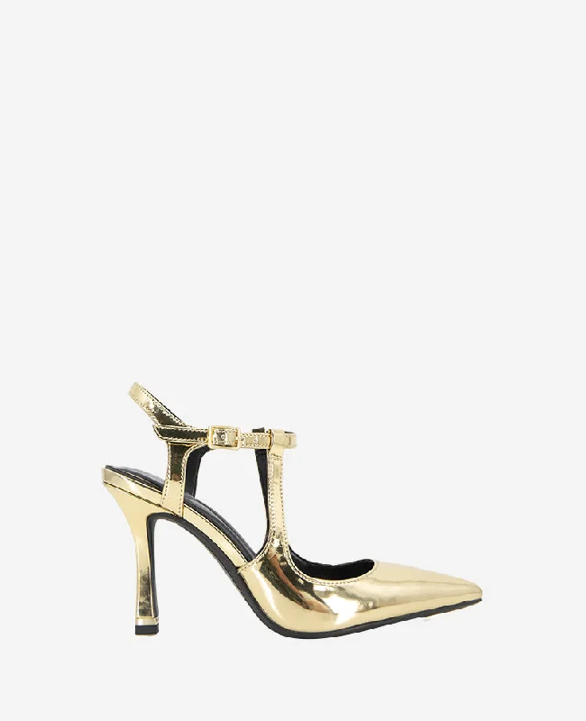 Versatile Heeled Sandals for Any Occasion---Romi Metallic Ankle Heel Slingback