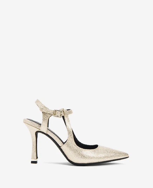 Versatile Heeled Sandals for Any Occasion---Romi Metallic Ankle Heel Slingback