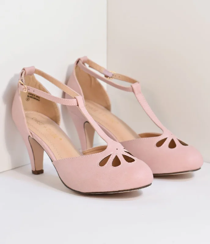 Rose Pink T-Strap Cut Out Kitten Heels---Fashionable Kitten Heels for Date Night