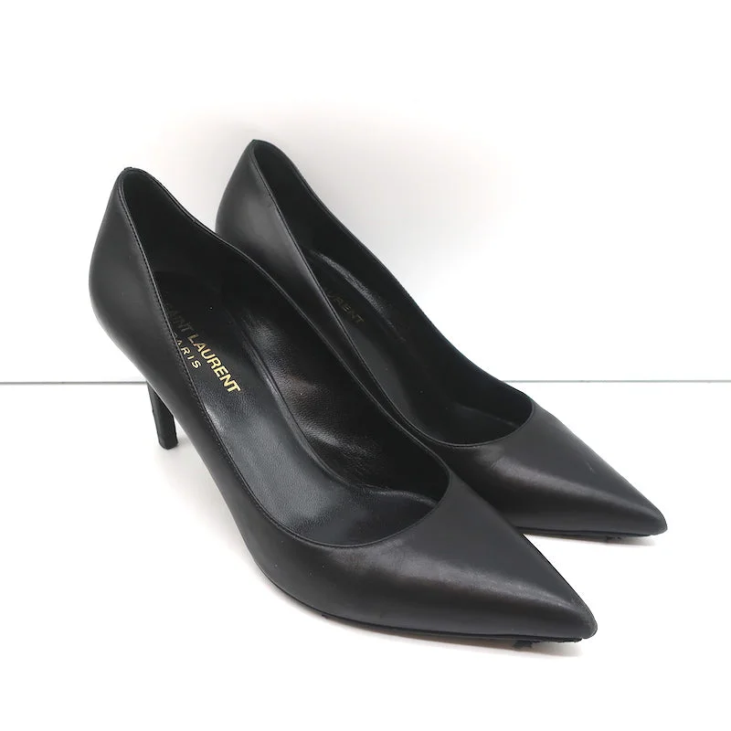 Stiletto Heel Pumps with Perfect Fit--Saint Laurent Anja Pumps Black Leather Size 37.5 Pointed Toe Heels-Fashionable & Classic