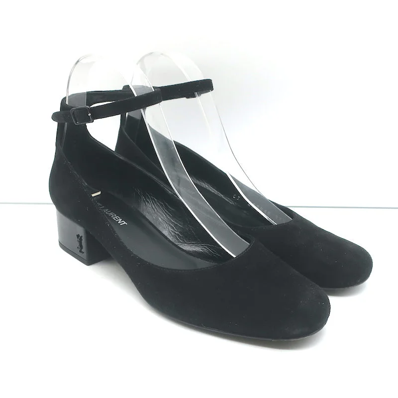 Stylish Ankle Strap Heels for Women--Saint Laurent Babies Block Heel Ankle Strap Pumps Black Suede Size 37.5