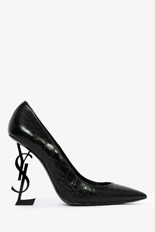 Saint Laurent Black Croc Embossed Opyum Heels Size 39.5---Fashionable Kitten Heels for Date Night