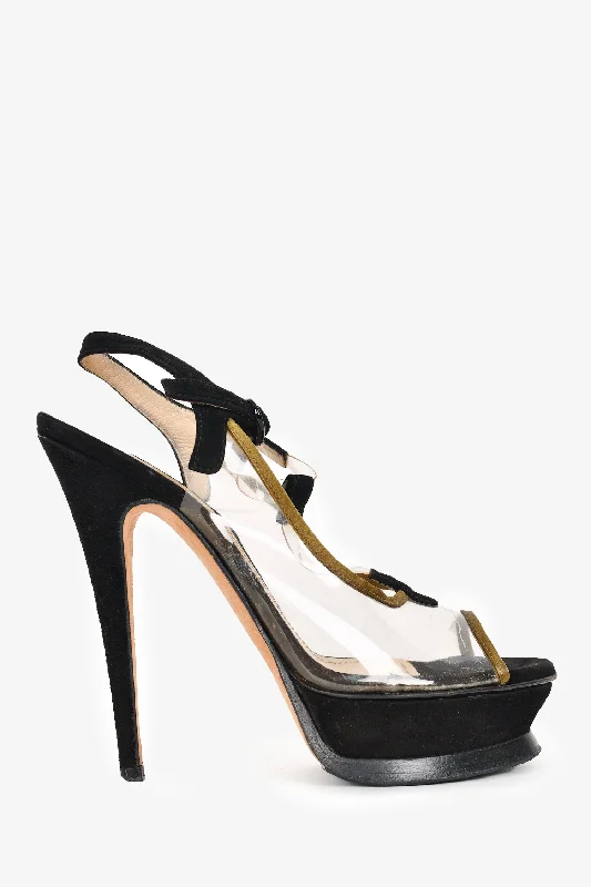 Trendy Peep Toe Platform Heels Crafted from Genuine Leather--Saint Laurent Black Suede/PVC Peep Toe Heels Size 36.5