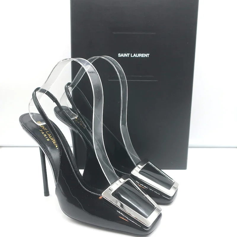 Sleek and Shiny Patent Pump Heels for a Polished Look--Saint Laurent Pablo Buckle Slingback Pumps Black Patent Leather Size 38.5 NEW