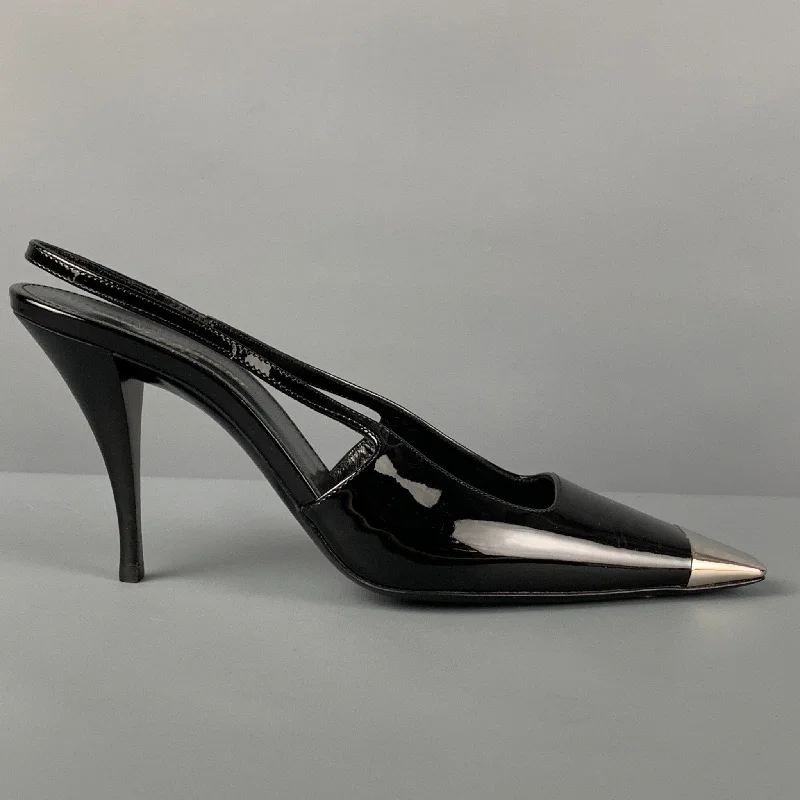 Sleek and Shiny Patent Pump Heels for a Polished Look--SAINT LAURENT Size 7.5 Black Silver Patent Leather Vesper Slingback Pumps