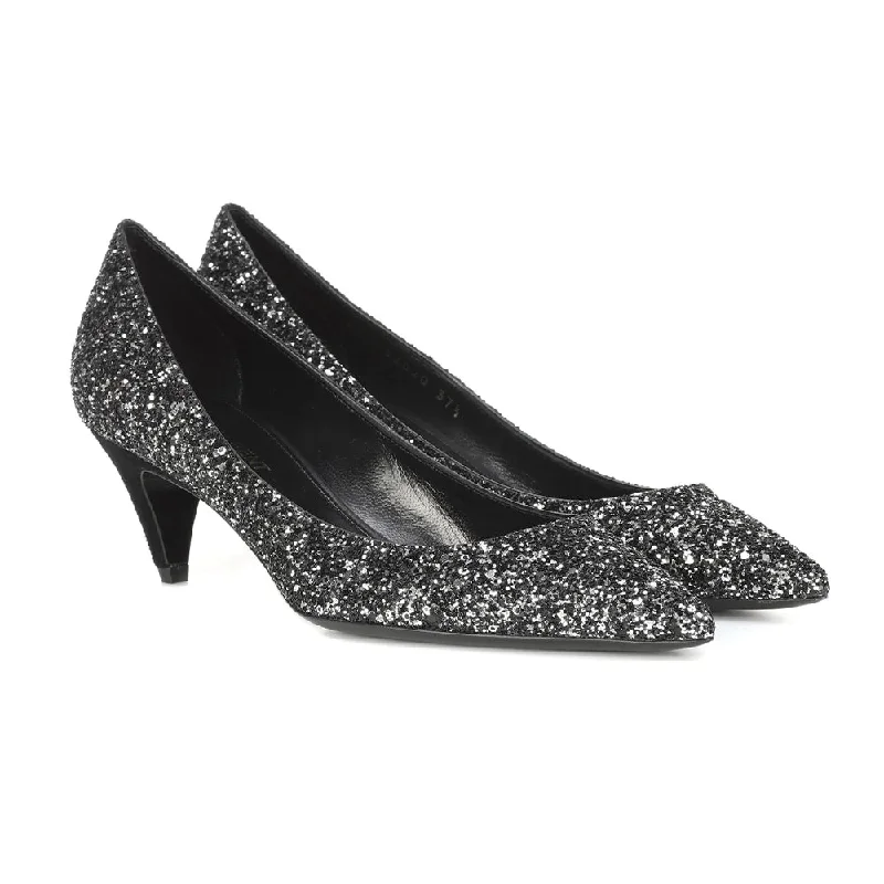 Saint Laurent Women's Charlotte 55 Glitter Midnight Pump Black---Trendy Glitter Heels for a Glamorous Look