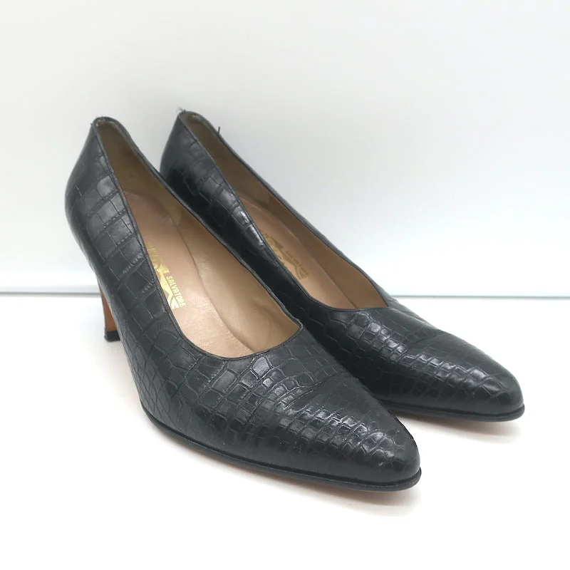 Stiletto Heel Pumps with Perfect Fit--Salvatore Ferragamo Croc-Embossed Pumps Black Leather Size 11 Pointed Toe Heels-Fashionable & Classic