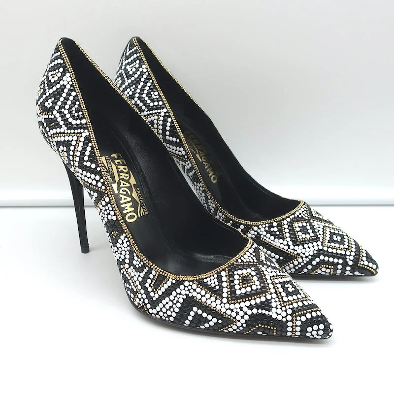 Stiletto Heel Pumps with Perfect Fit--Salvatore Ferragamo Fiore Mosaic Beaded Pumps Size 10 Pointed Toe Heels-Fashionable & Classic