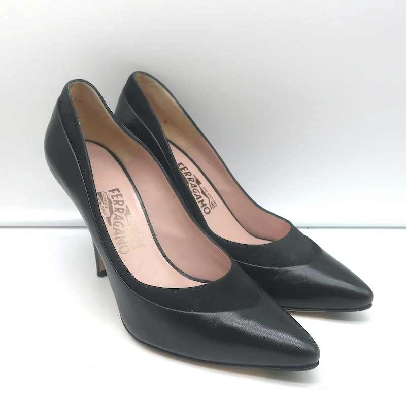 Affordable Suede Ankle Pumps for All-Day Wear--Salvatore Ferragamo Pumps Black Suede-Trimmed Leather Size 8 Pointed Toe Heels