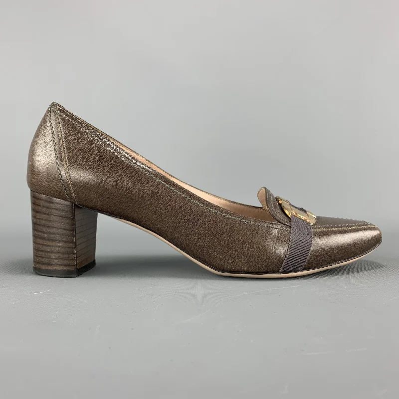 Trendy Chunky Heel Pumps for Casual Wear--SALVATORE FERRAGAMO Size 8.5 Taupe Leather Gold Tone Gancini Loafer Pumps