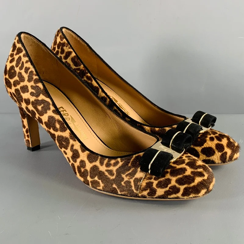 SALVATORE FERRAGAMO Size 9 -Carla- Brown Beige Calf Hair Animal Print Bow Pumps---Charming Bow Pumps for a Cute and Stylish Look