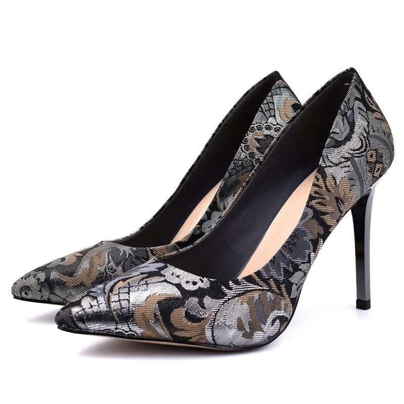 Stiletto Heel Pumps with Perfect Fit--Satin Slip On Pointed Toe Pump Flower Print Pumps-Fashionable & Classic