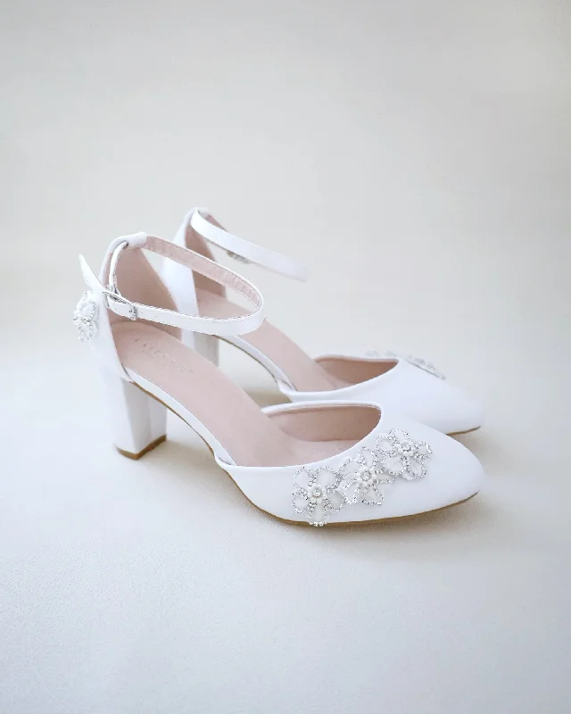 Satin Wedding Block Heel with Rhinestones Chassia FlowerAffordable Satin Heels with a Luxe Touch