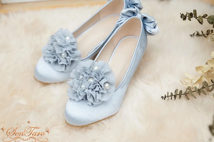 Sentaro~Snow Ear Satin Flower Lolita Tea Party ShoesAffordable Satin Heels with a Luxe Touch