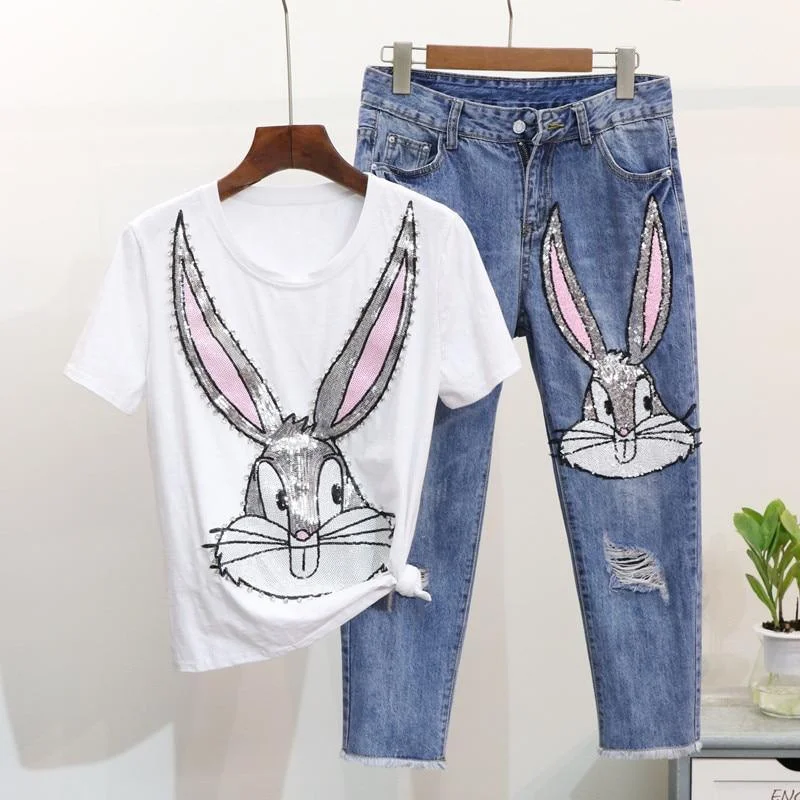 Women's denim set with cropped jacket for modern style -Sequined Jeans Clothing Sets Women's denim set with cropped jacket for modern style -Sequined Jeans Clothing Sets