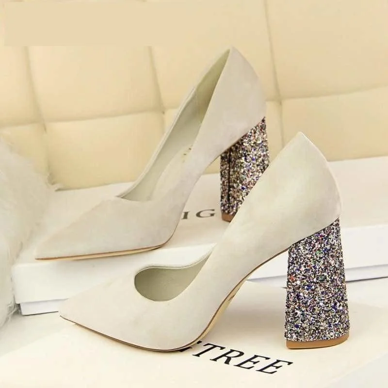 Sequined Square Heels Solid Flock Shallow Pumps---Trendy Glitter Heels for a Glamorous Look