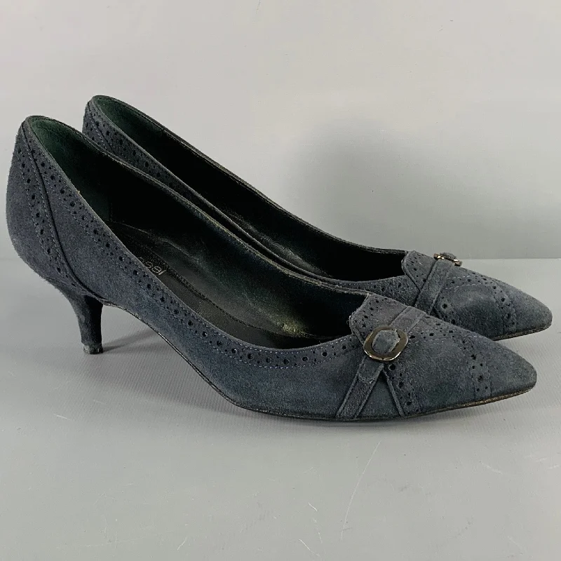 SERGIO ROSSI Size 6.5 Navy Suede Perforated Kitten Heel Pumps---Fashionable Kitten Heels for Date Night