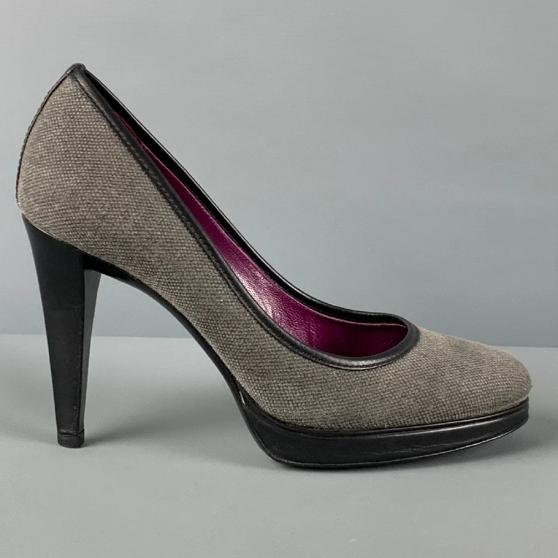 SERGIO ROSSI Size 6 Grey Fabric Leather Trim Pumps---Comfortable Leather Pumps for Office and Everyday Wear