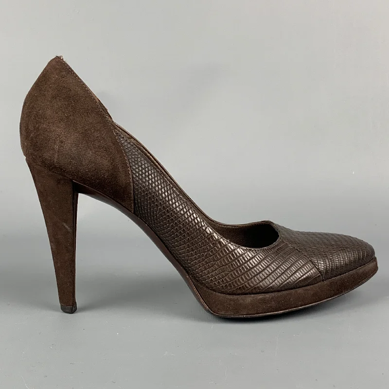 Affordable Suede Ankle Pumps for All-Day Wear--SERGIO ROSSI Size 9.5 Brown Leather Embossed Suede Platform Pumps