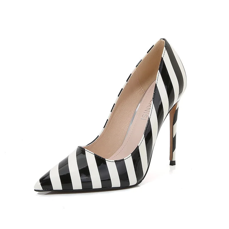 Stiletto Heel Pumps with Perfect Fit--sh11013a Black White Stripes Pointed Toe Slip On 12cm High Heel Woman Pumps Shoes 2022-Fashionable & Classic