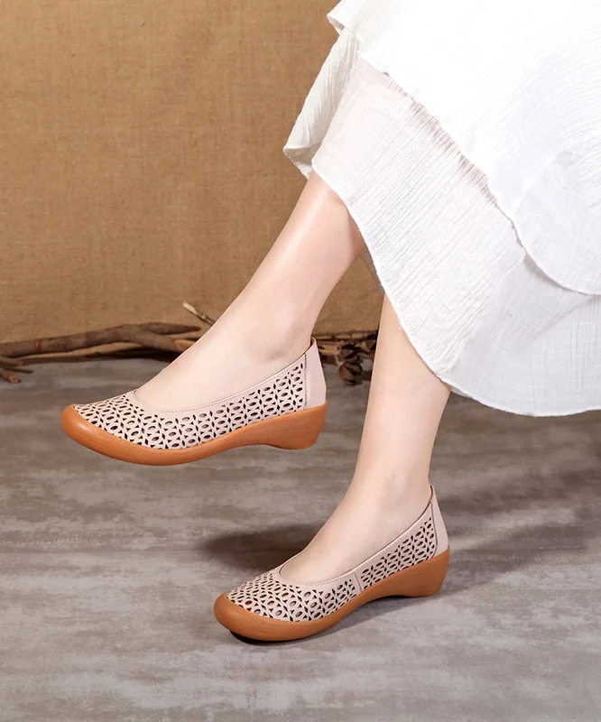 Versatile Heeled Sandals for Any Occasion---Sheepskin Hollow Out Retro Apricot Wedge Heels Shoes