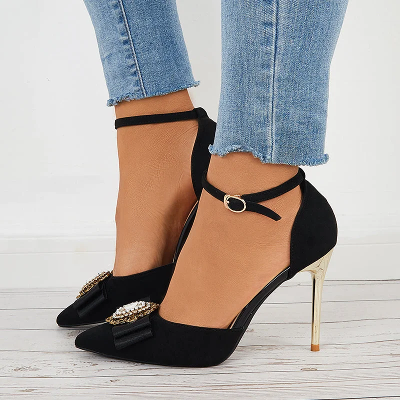 Stylish Ankle Strap Heels for Women--Sohiwoo  Women Black Pointed Toe Stilettos Ankle Strap High Heel Pumps