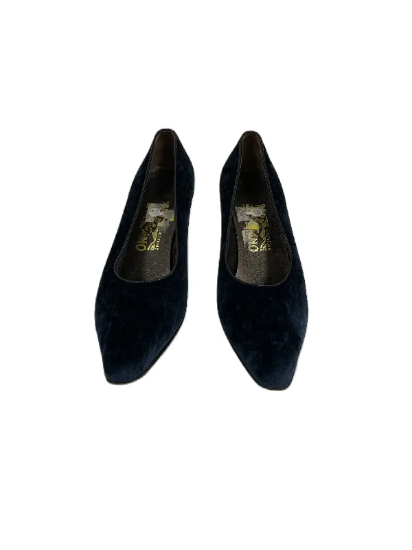 Shoes Heels Block By Ferragamo In Navy, Size: 9.5---Fashionable Kitten Heels for Date Night