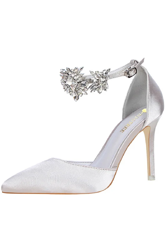 Stylish Ankle Strap Heels for Women--Silver Ankle Strap Prom Heels with Crystals