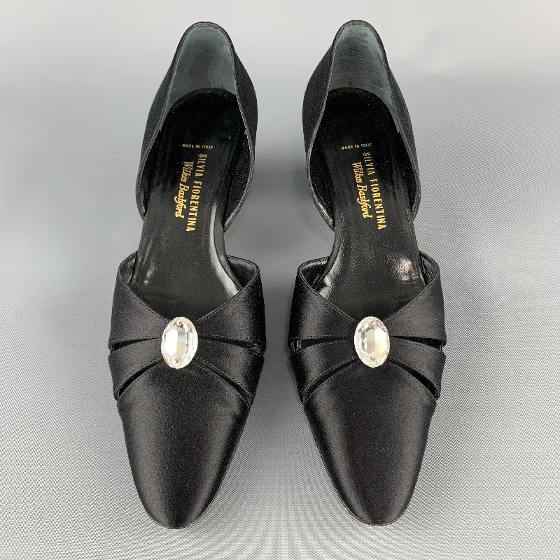 Affordable Rhinestone Pumps for a Dazzling Look---SILVIA FIORENTINA Vintage Size 8 Black Silk Rhinestone D'orsay Pumps